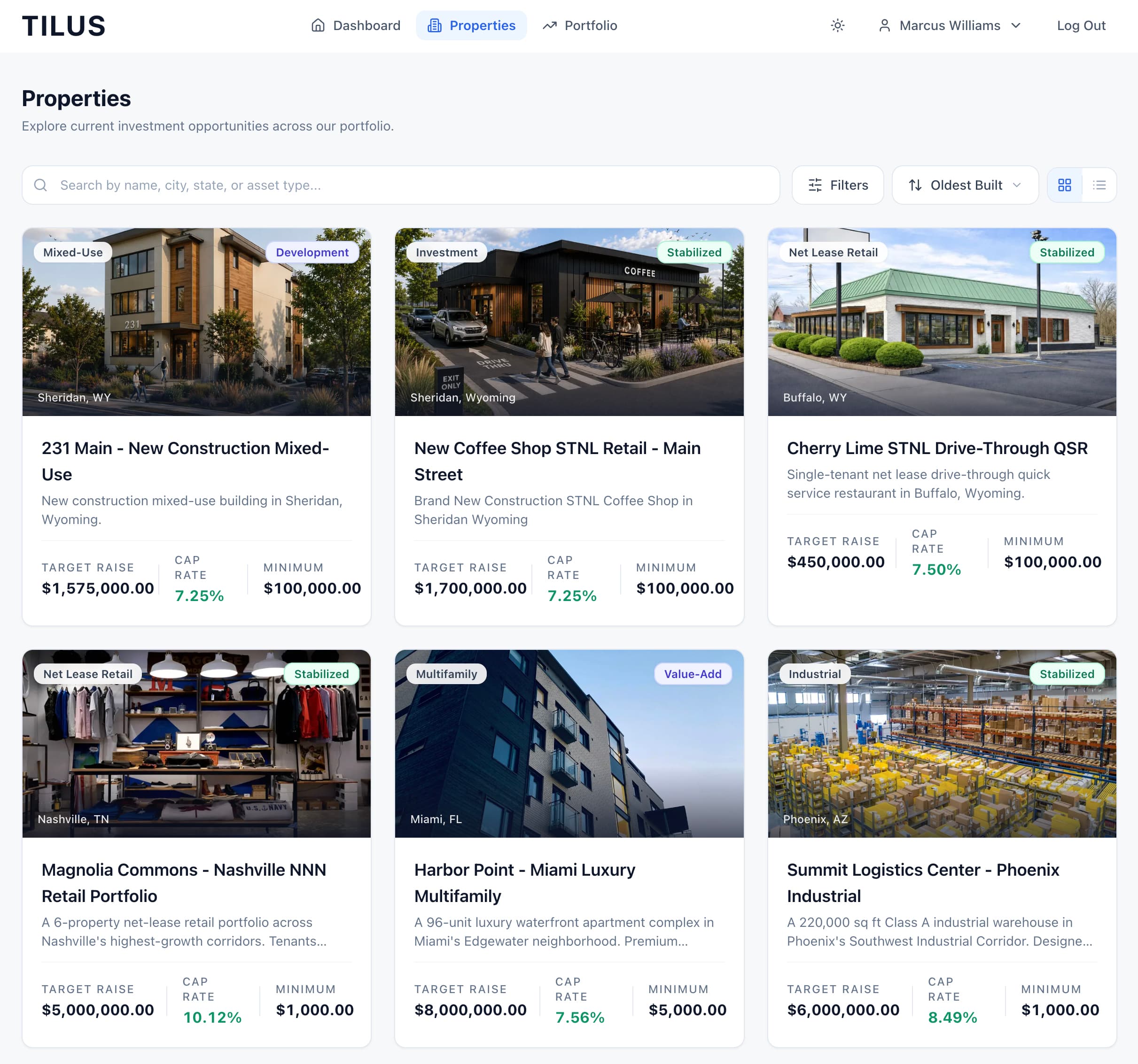 Tilus real estate investment platform showing available properties